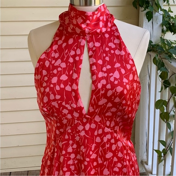 NWT Zara Halter Midi Dress Red Pink Floral Tie Neck Size small, wedding party - Picture 8 of 8
